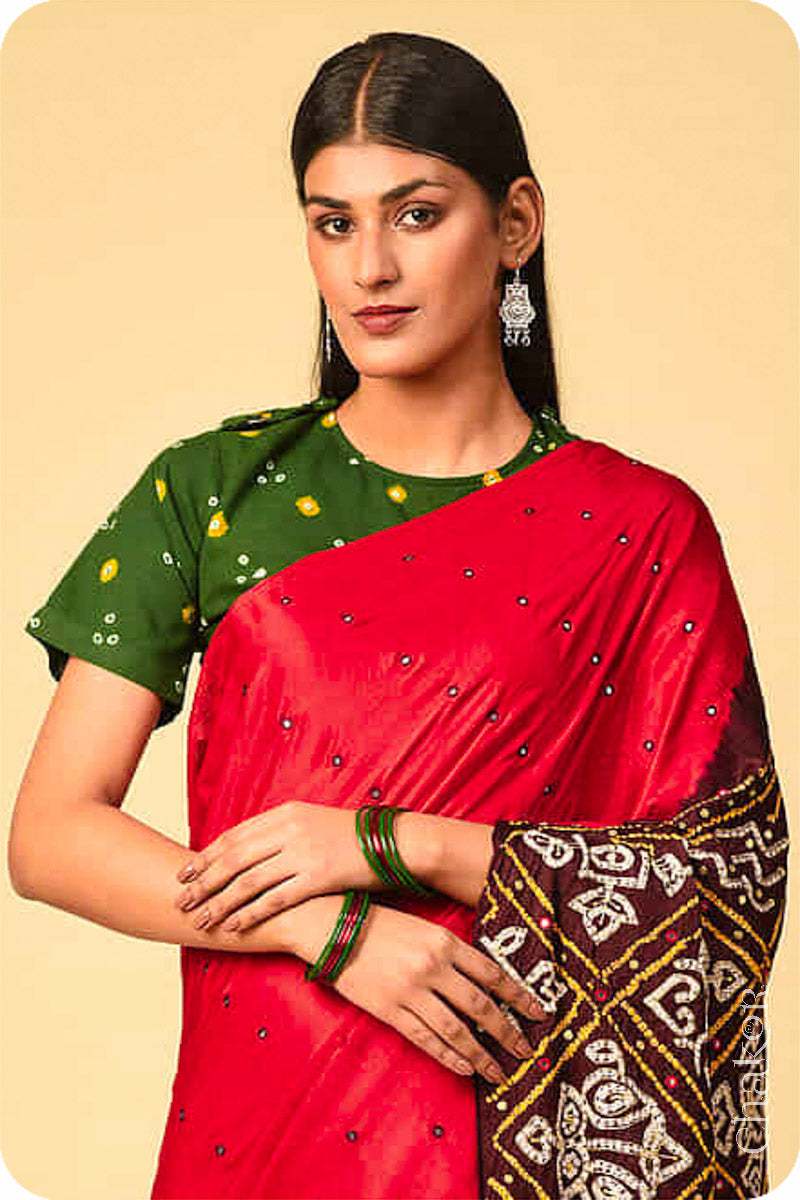 Chakor's traditional Red Brown bandhani pure silk saree with embroidery.