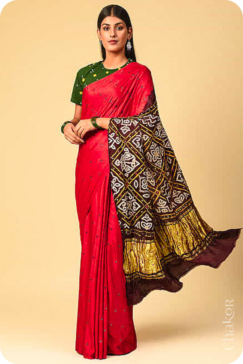 Chakor's traditional Red Brown bandhani pure silk saree with embroidery.