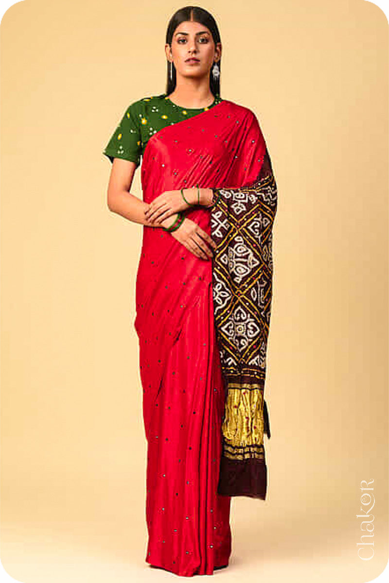 Chakor's traditional Red Brown bandhani pure silk saree with embroidery.