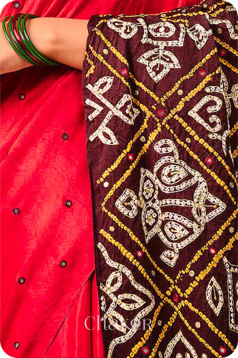 Chakor's traditional Red Brown bandhani pure silk saree with embroidery.