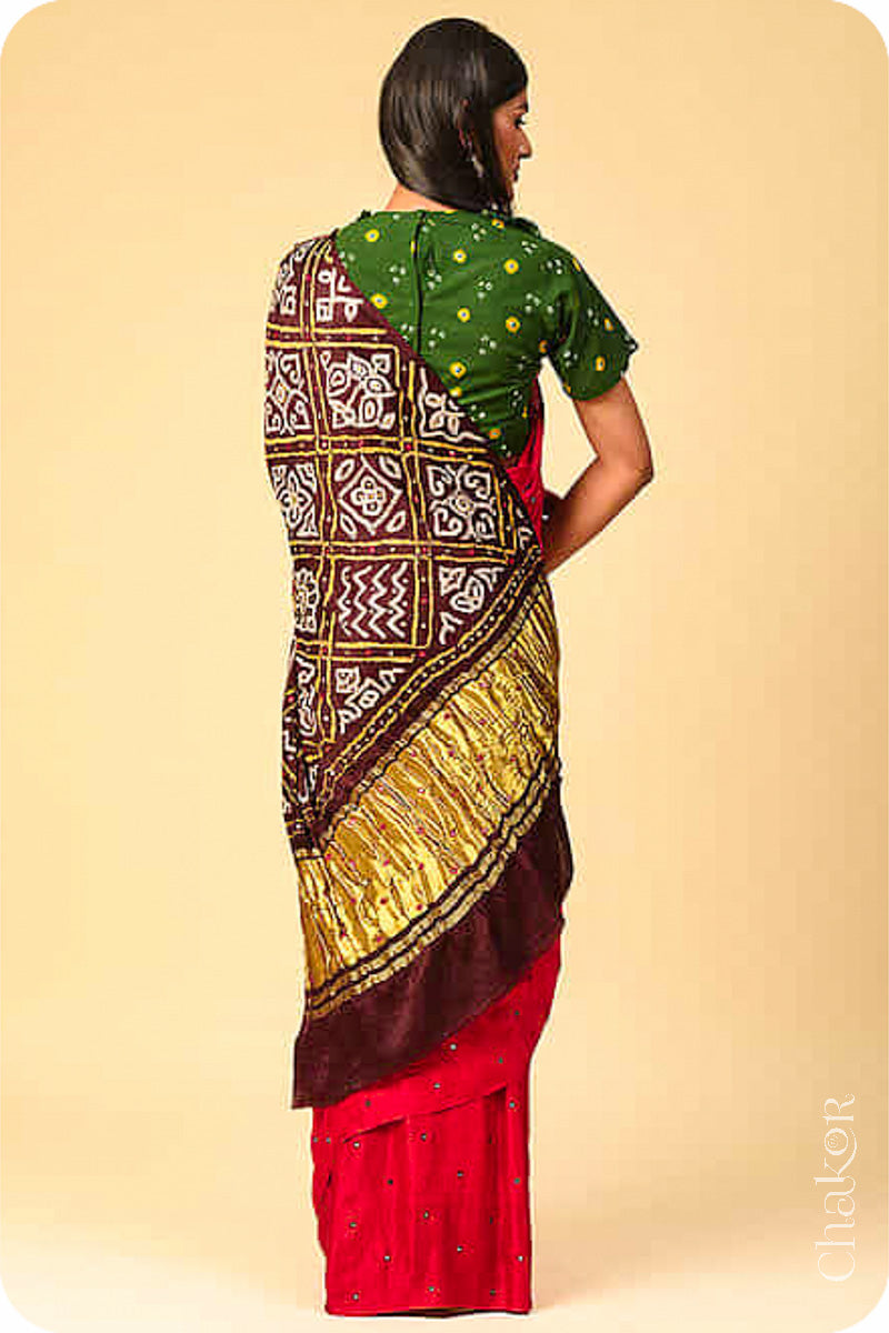 Chakor's traditional Red Brown bandhani pure silk saree with embroidery.