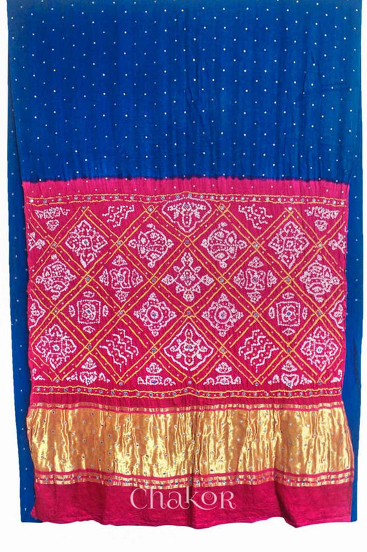 Chakor's traditional Navy Pink bandhani pure silk saree with embroidery.