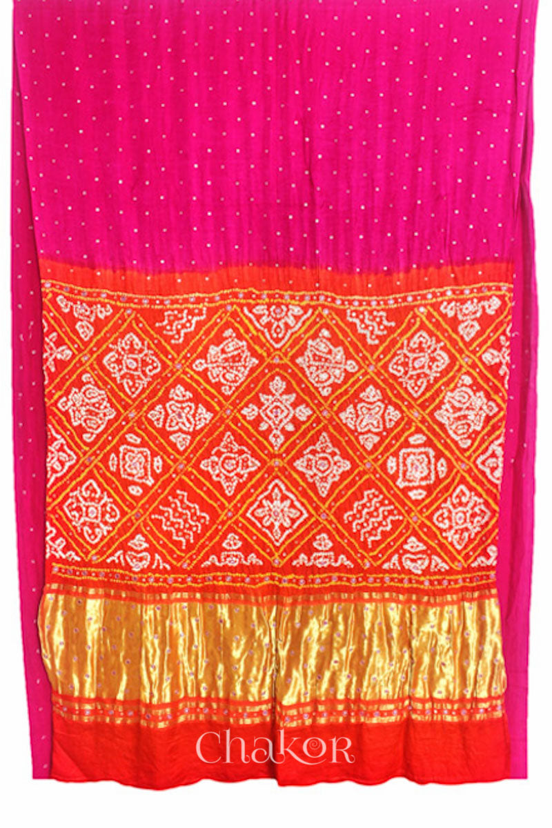 Chakor's traditional Pink Orange bandhani pure silk saree with sequins embroidery.