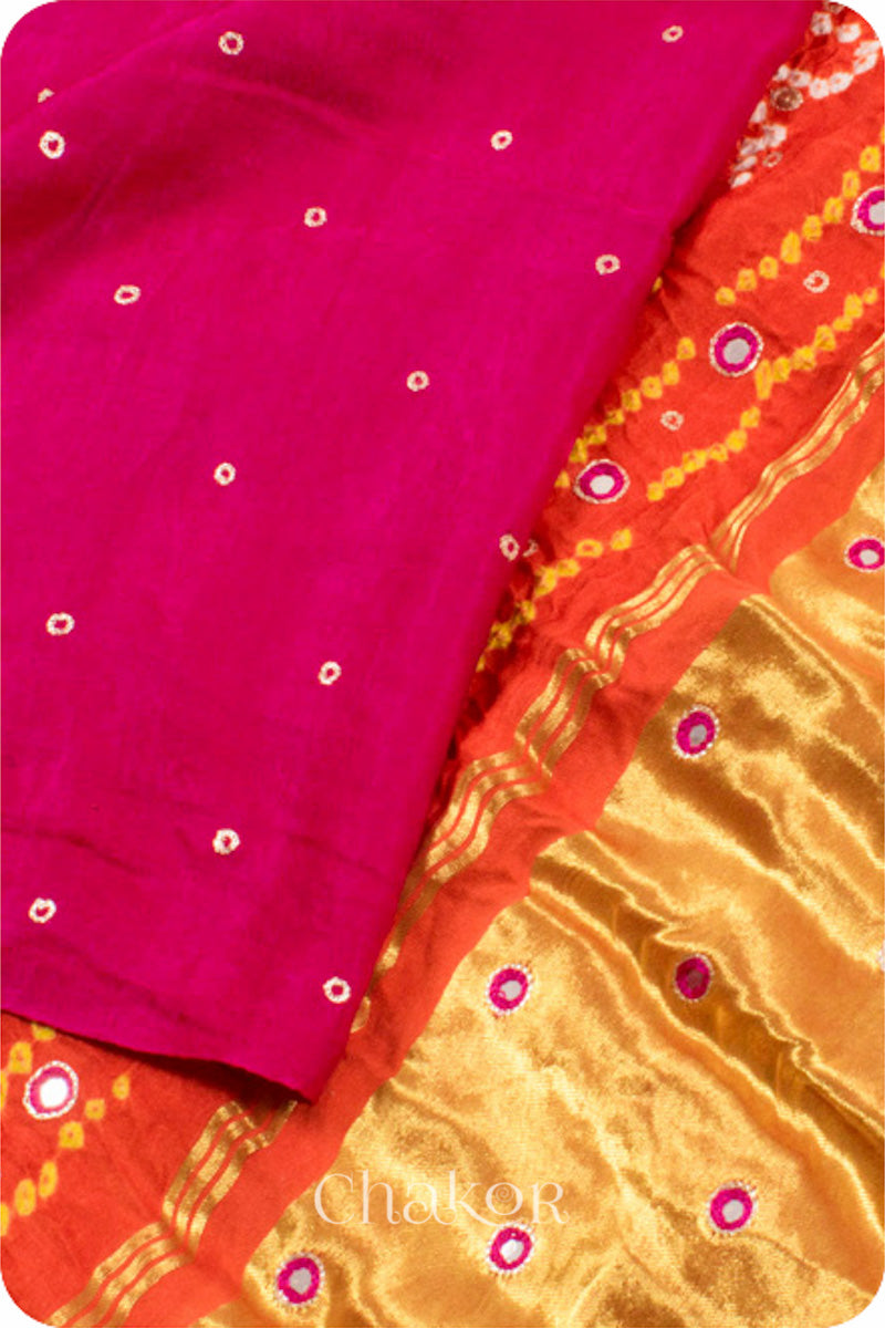 Chakor's traditional Pink Orange bandhani pure silk saree with sequins embroidery.