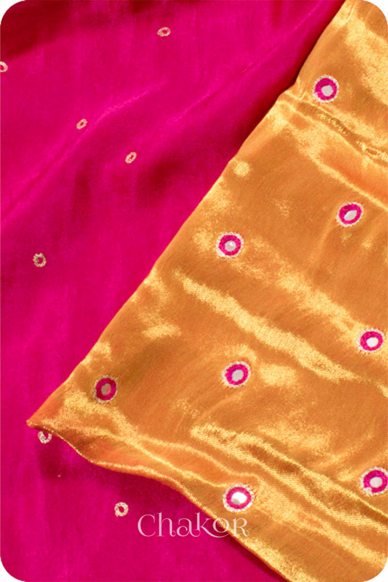 Chakor's traditional Pink Orange bandhani pure silk saree with sequins embroidery.