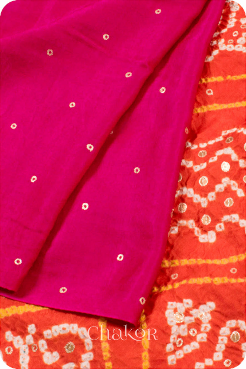 Chakor's traditional Pink Orange bandhani pure silk saree with sequins embroidery.