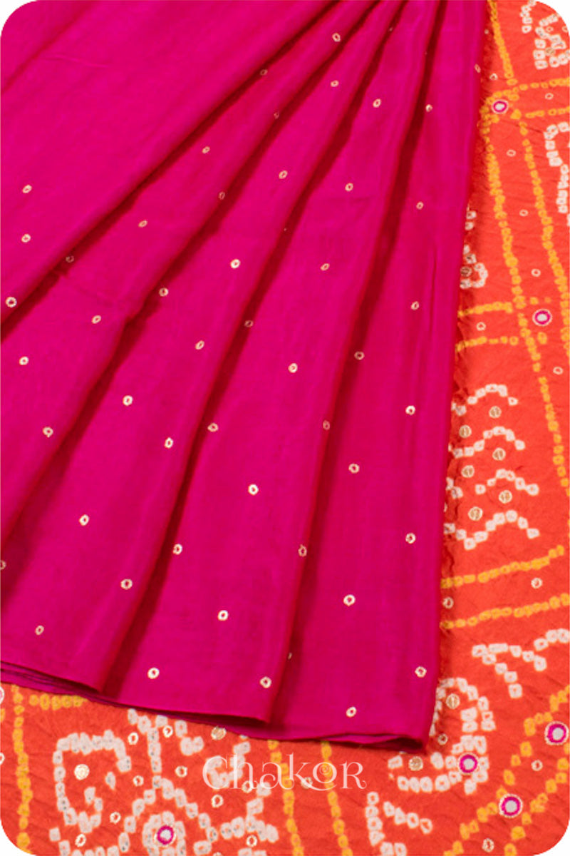 Chakor's traditional Pink Orange bandhani pure silk saree with sequins embroidery.