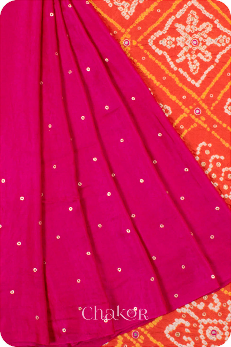 Chakor's traditional Pink Orange bandhani pure silk saree with sequins embroidery.