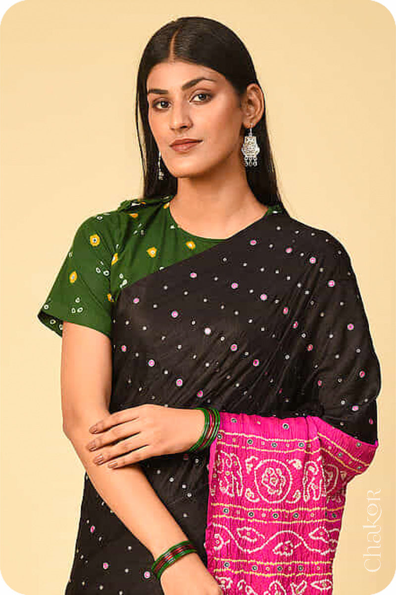 Chakor's traditional Black Pink bandhani pure silk saree with embroidery.