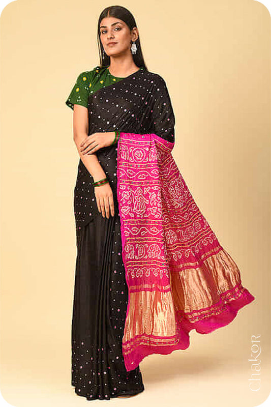 Chakor's traditional Black Pink bandhani pure silk saree with embroidery.
