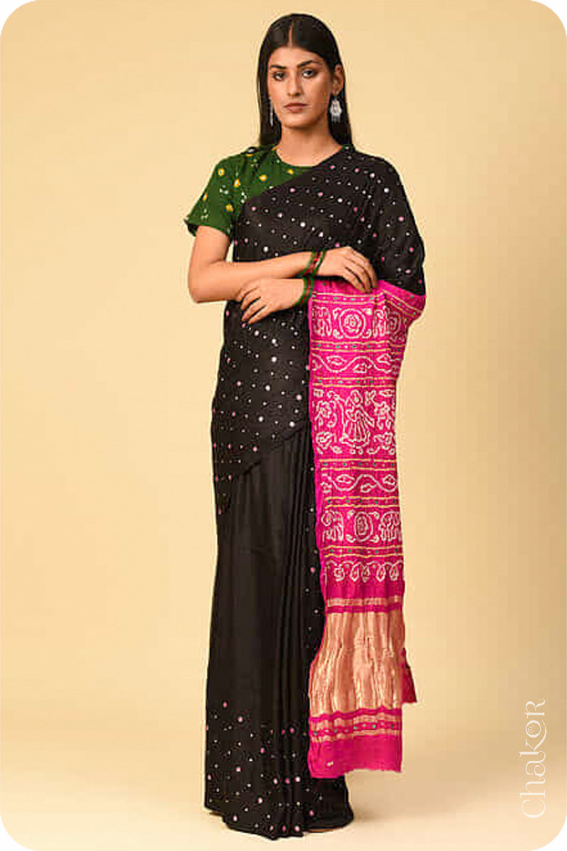 Chakor's traditional Black Pink bandhani pure silk saree with embroidery.