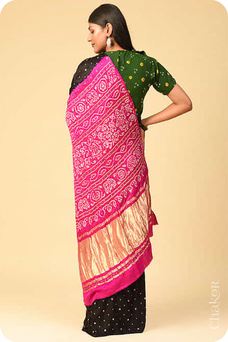 Chakor's traditional Black Pink bandhani pure silk saree with embroidery.