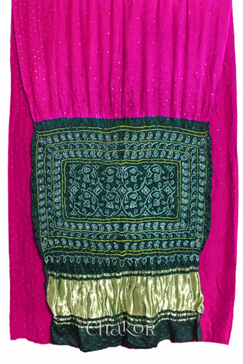 Chakor's traditional Magenta Green bandhani pure silk saree with embroidery.