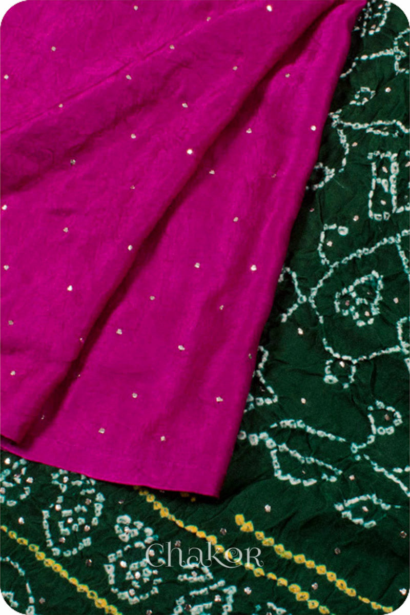 Chakor's traditional Magenta Green bandhani pure silk saree with embroidery.