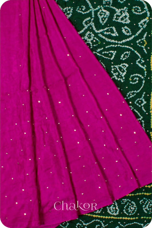 Chakor's traditional Magenta Green bandhani pure silk saree with embroidery.
