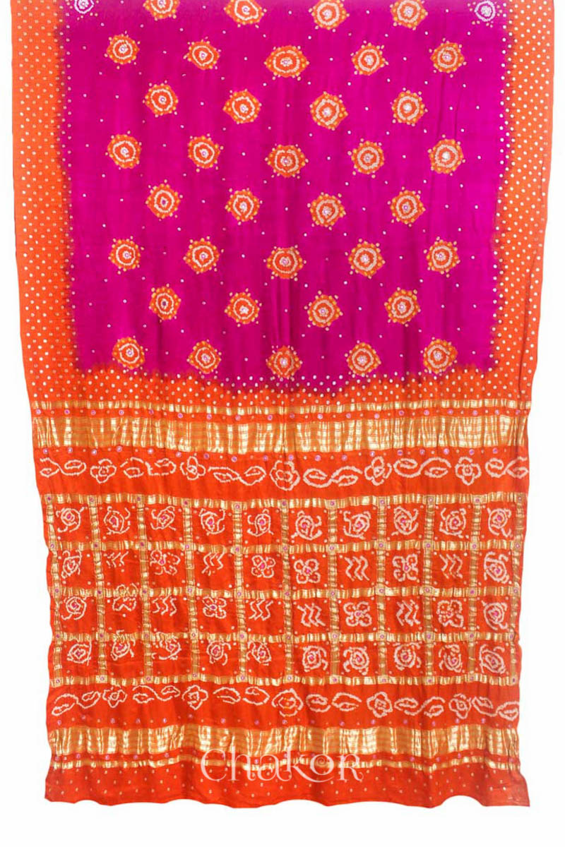 Chakor's traditional Pink Orange bandhani pure silk saree with sequins embroidery.