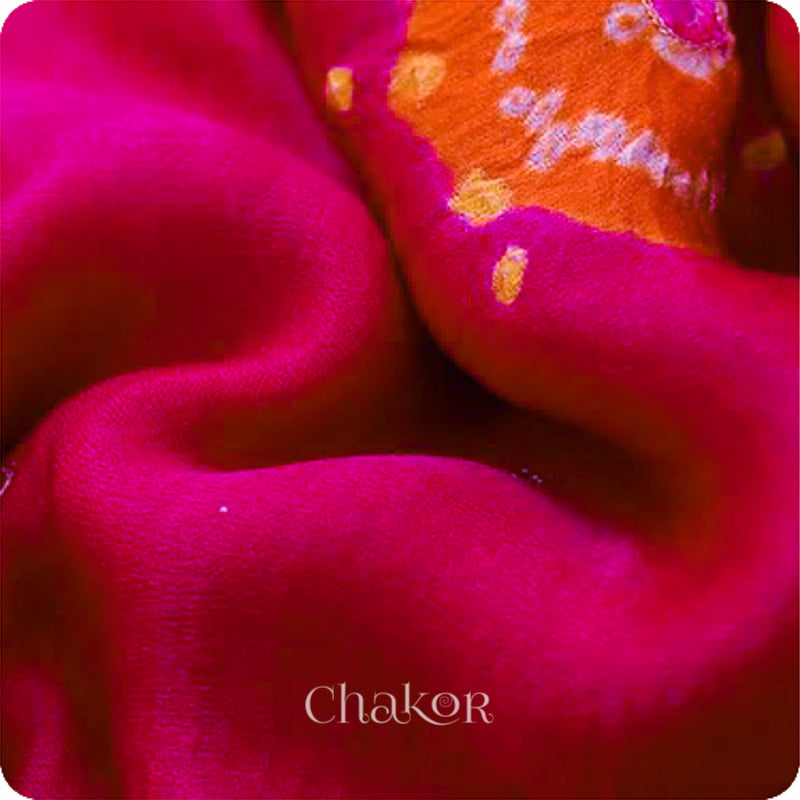 Chakor's traditional Pink Orange bandhani pure silk saree with sequins embroidery.