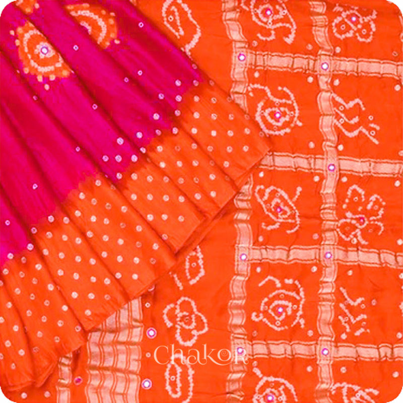 Chakor's traditional Pink Orange bandhani pure silk saree with sequins embroidery.