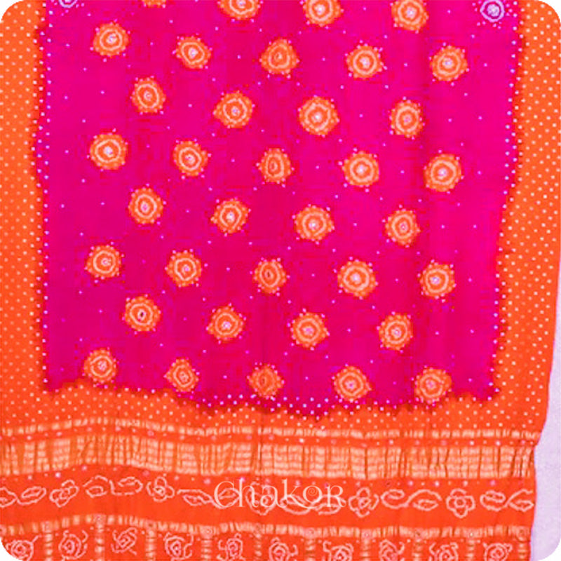 Chakor's traditional Pink Orange bandhani pure silk saree with sequins embroidery.