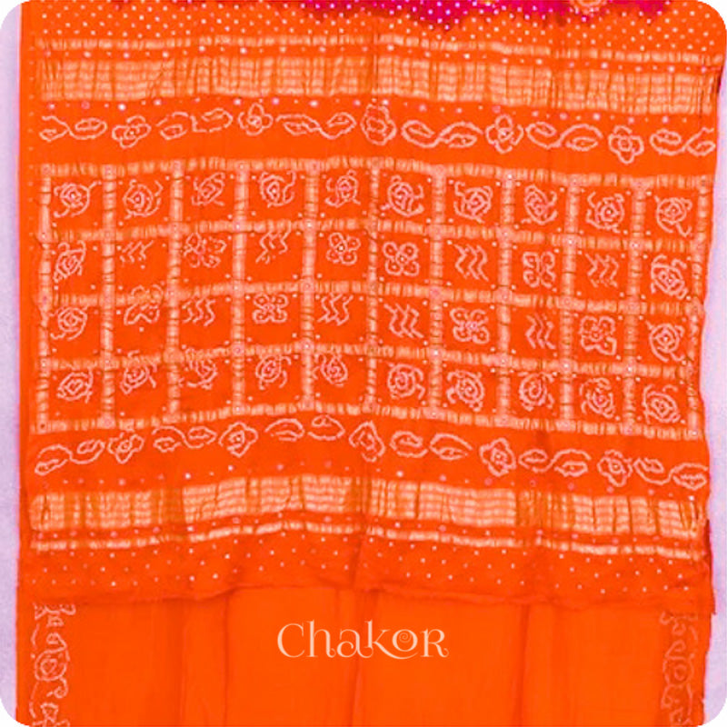 Chakor's traditional Pink Orange bandhani pure silk saree with sequins embroidery.