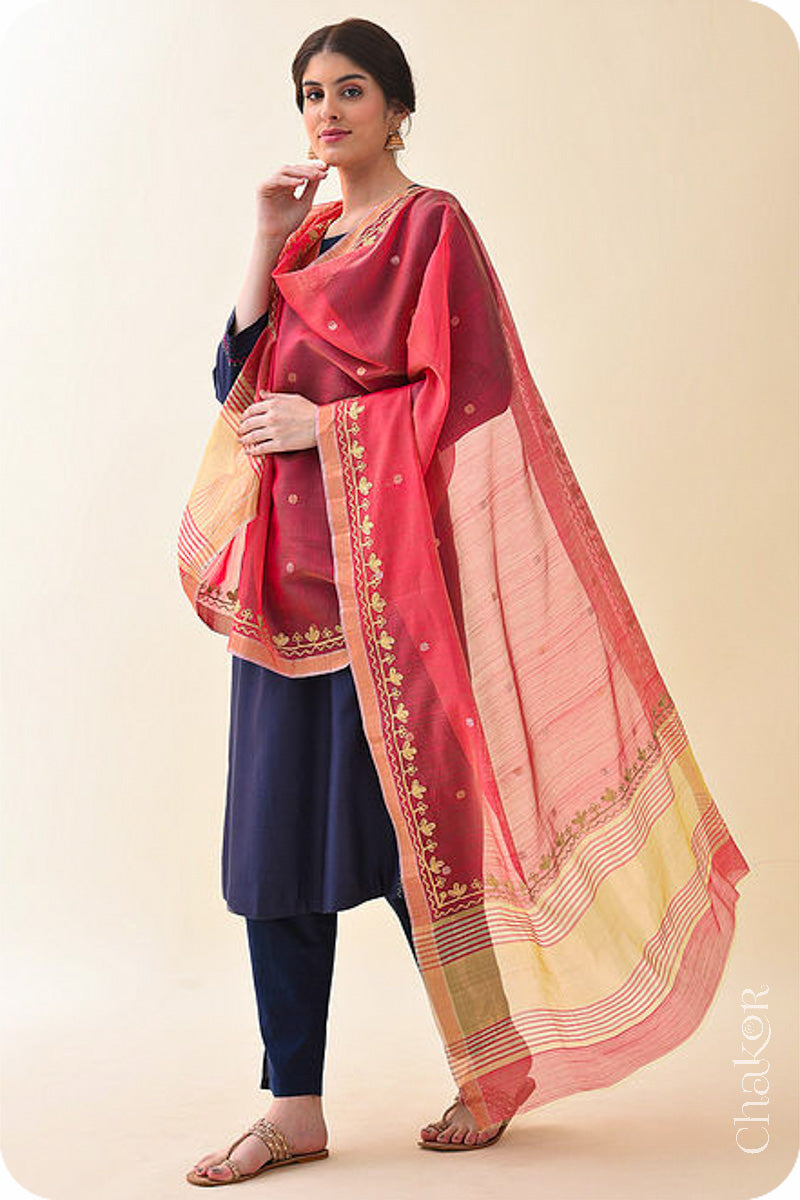 Light Red Chanderi Silk Cotton Dupatta