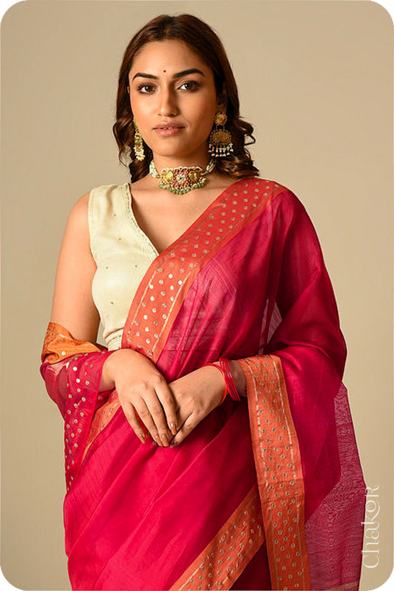 Chakor's Embroidered Red Orange Chanderi silk cotton saree with sequins.