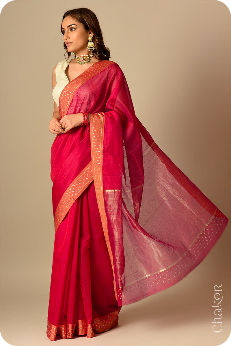 Chakor's Embroidered Red Orange Chanderi silk cotton saree with sequins.