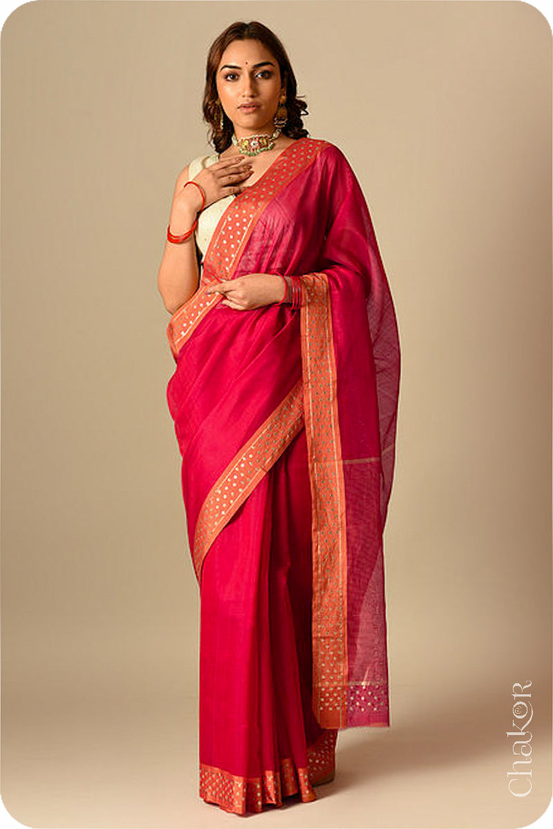 Chakor's Embroidered Red Orange Chanderi silk cotton saree with sequins.