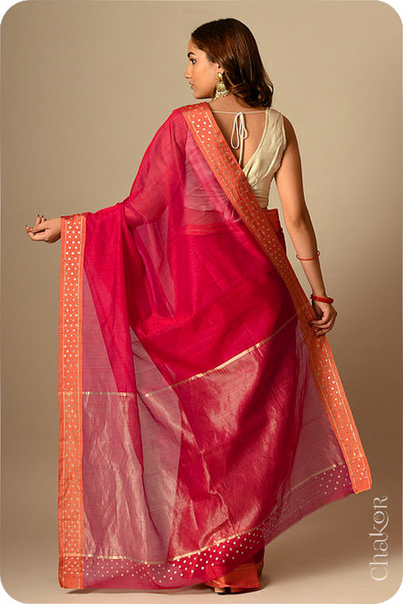 Chakor's Embroidered Red Orange Chanderi silk cotton saree with sequins.