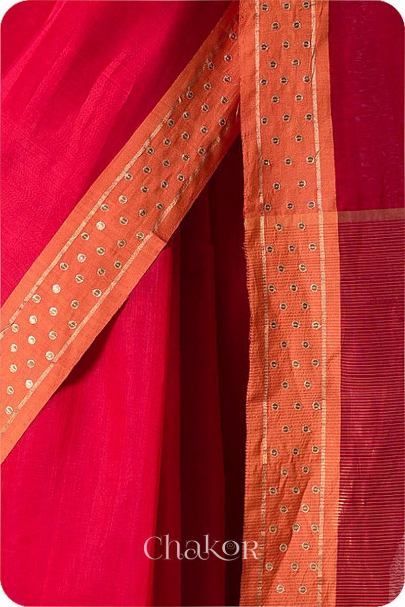 Chakor's Embroidered Red Orange Chanderi silk cotton saree with sequins.