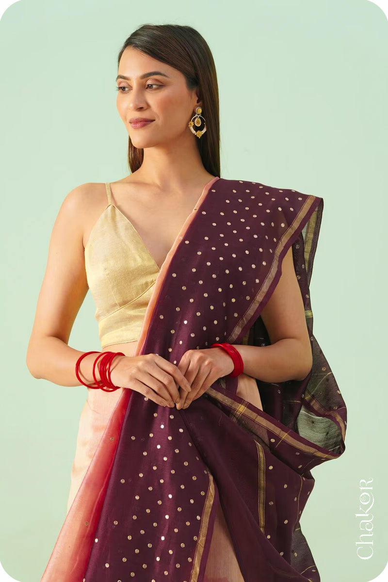 Peach Maroon Shaded Chanderi Silk Cotton Saree