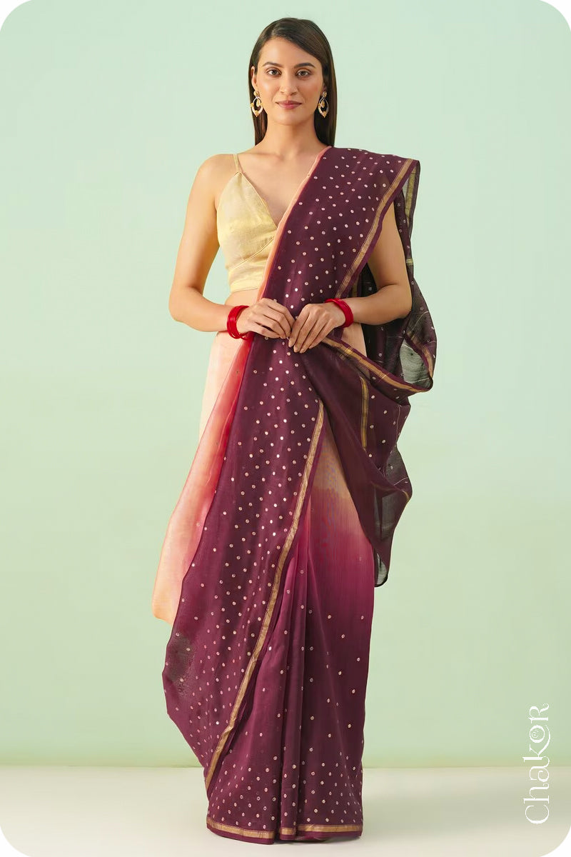 Peach Maroon Shaded Chanderi Silk Cotton Saree