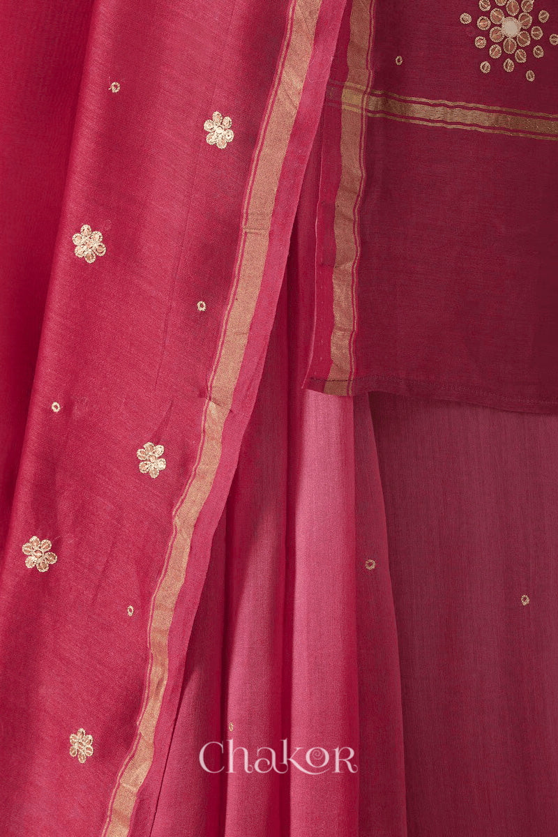 Close-up of hand-embroidered sequin and zari work on pink plum Chanderi silk cotton saree.
