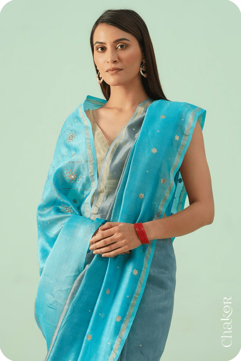 Grey Blue Shaded Chanderi Silk Cotton Saree