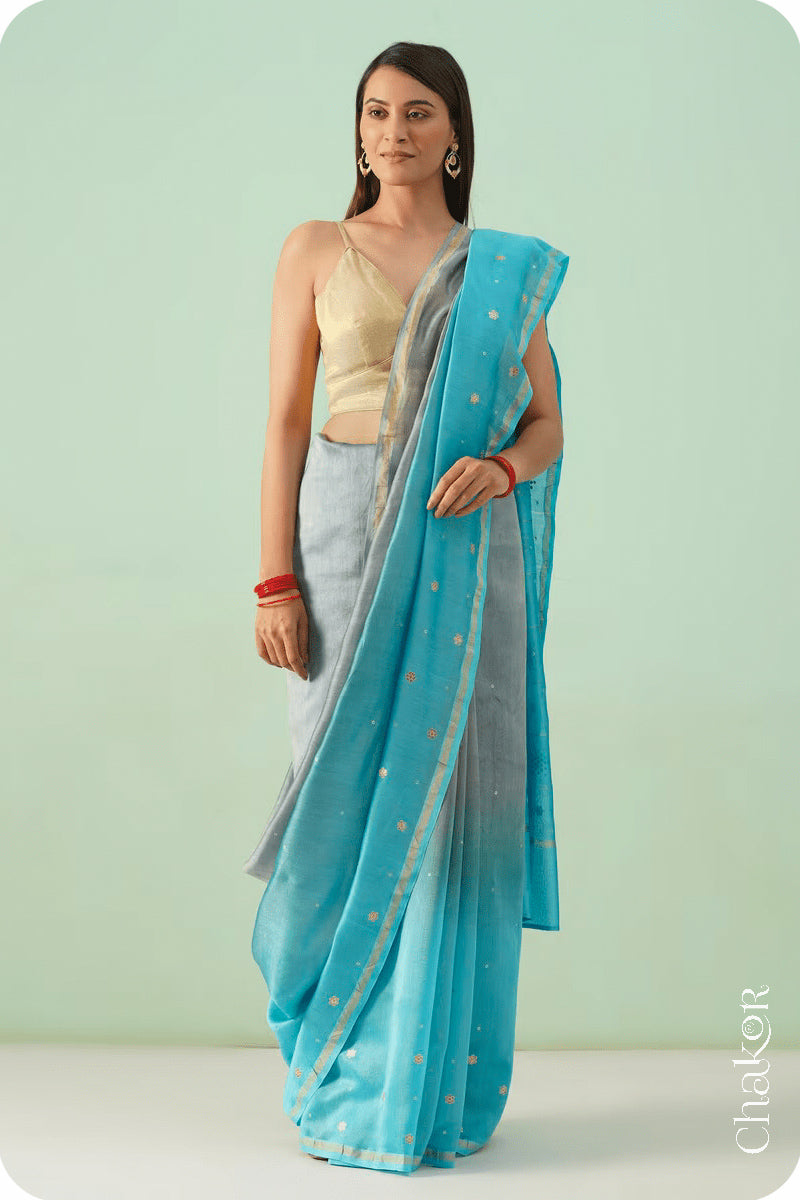 Grey Blue Shaded Chanderi Silk Cotton Saree