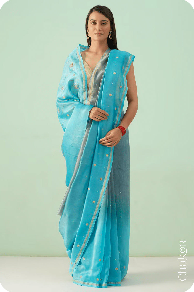 Grey Blue Shaded Chanderi Silk Cotton Saree