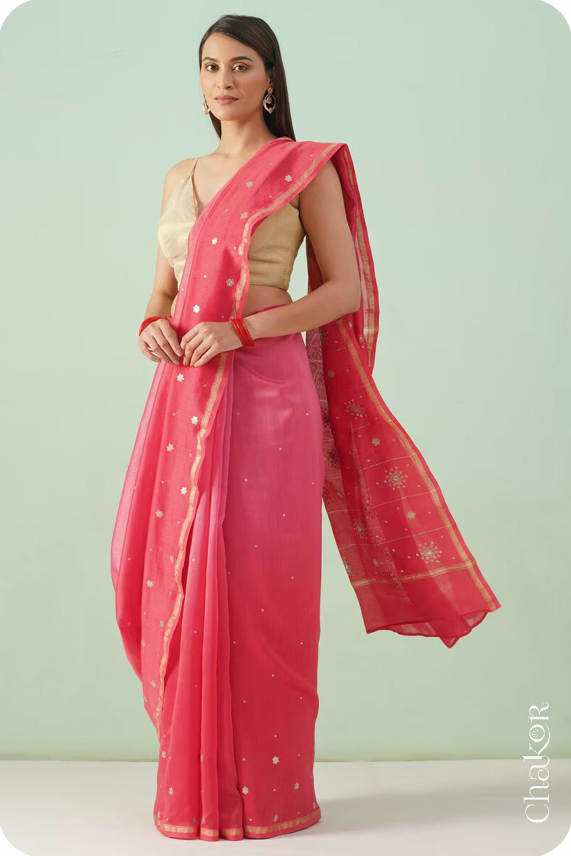 Peach Red Shaded Chanderi Silk Cotton Saree