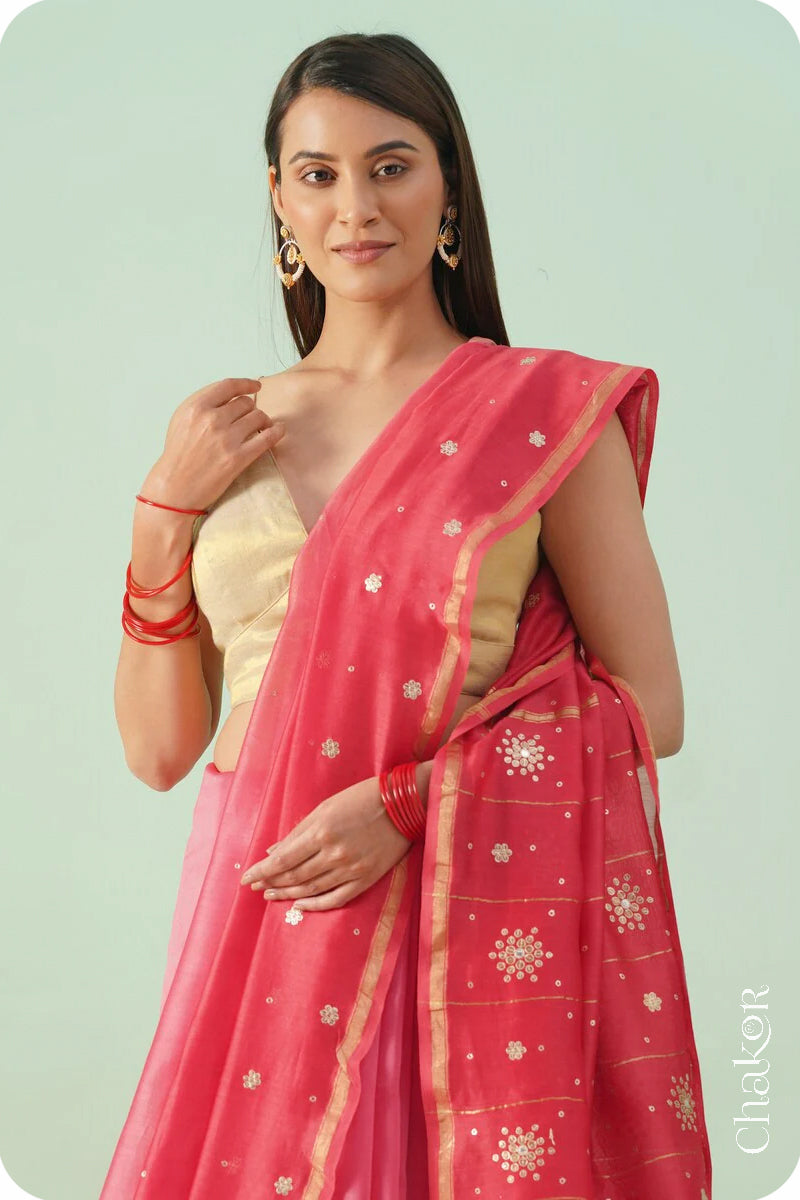 Peach Red Shaded Chanderi Silk Cotton Saree