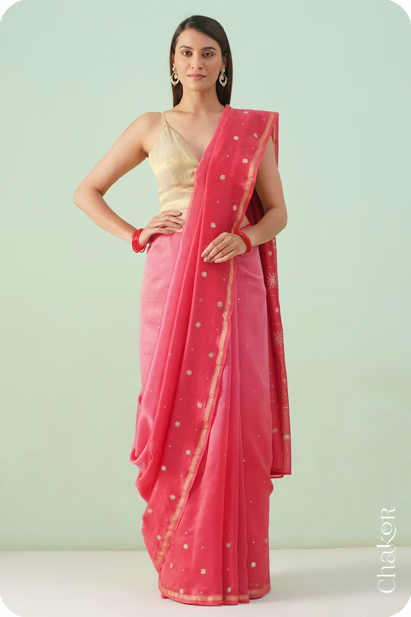 Peach Red Shaded Chanderi Silk Cotton Saree