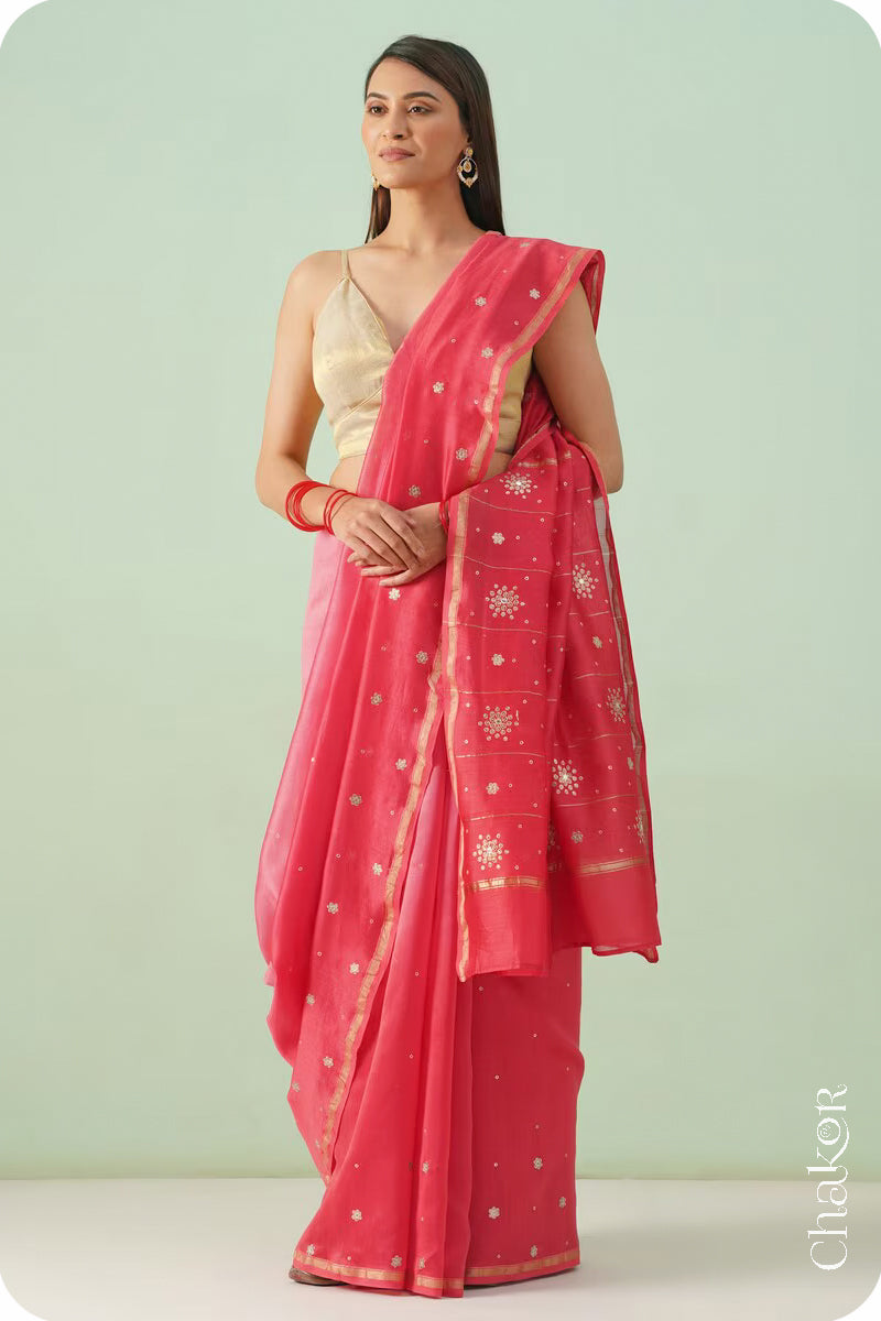 Peach Red Shaded Chanderi Silk Cotton Saree