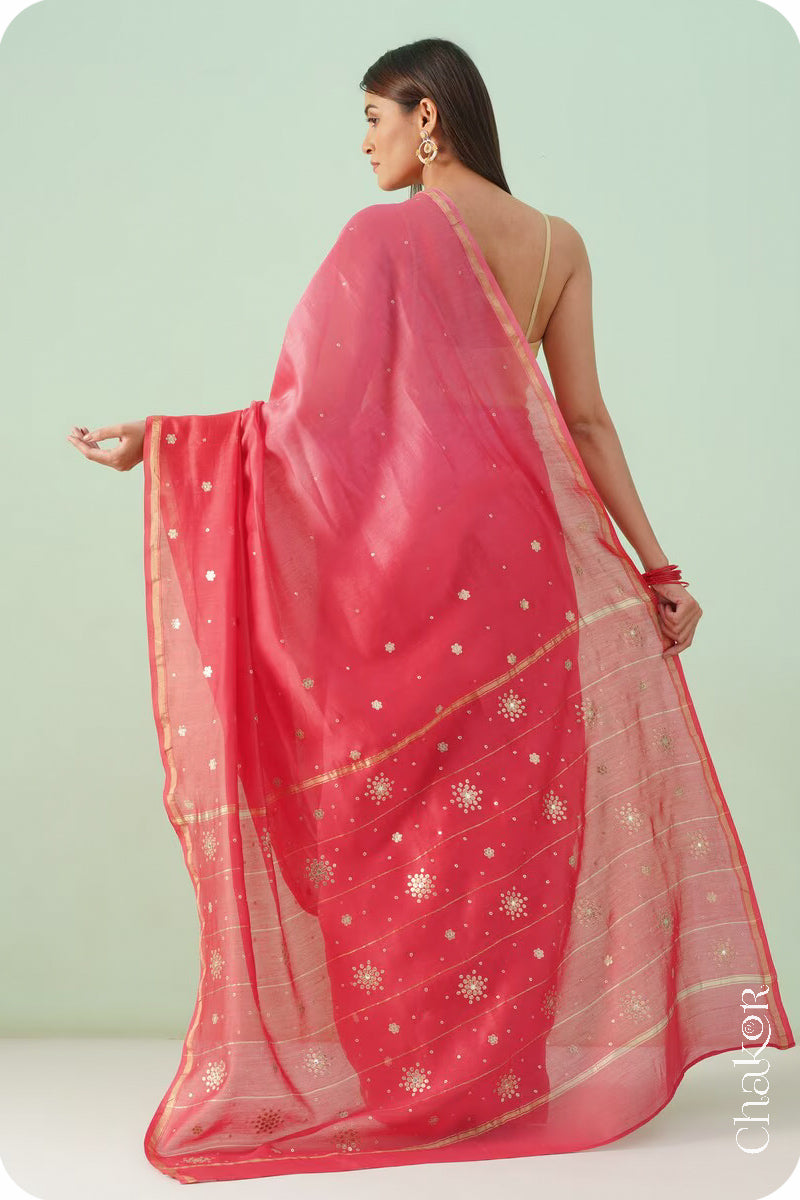 Peach Red Shaded Chanderi Silk Cotton Saree