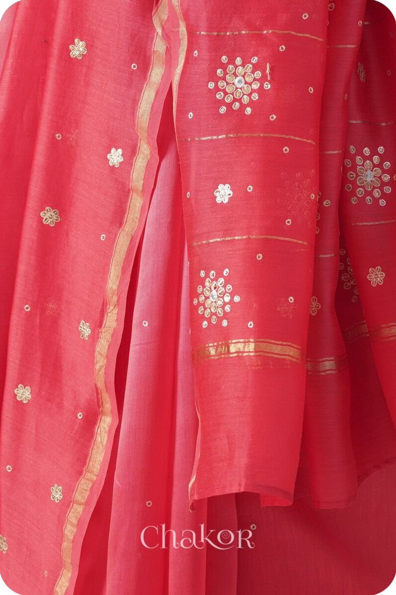 Peach Red Shaded Chanderi Silk Cotton Saree