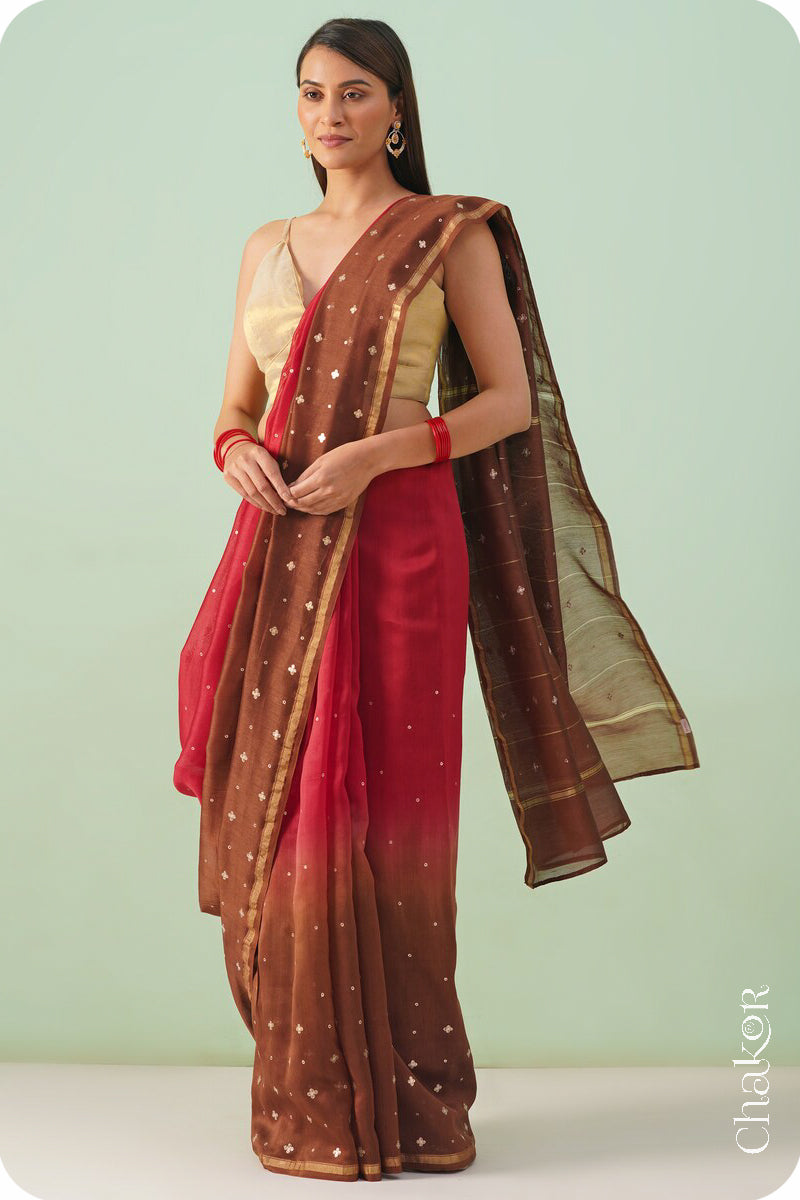 Red Brown Shaded Chanderi Silk Cotton Saree