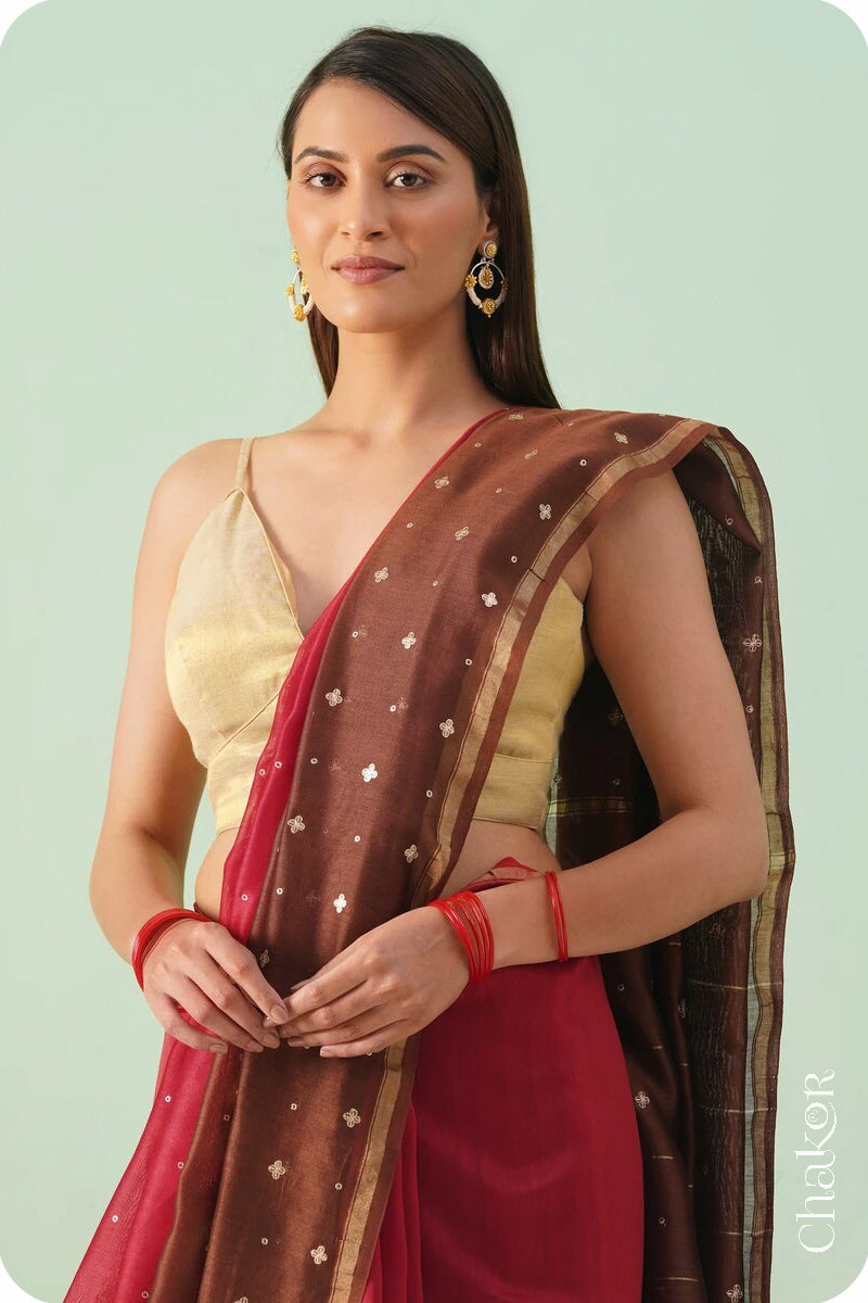 Red Brown Shaded Chanderi Silk Cotton Saree