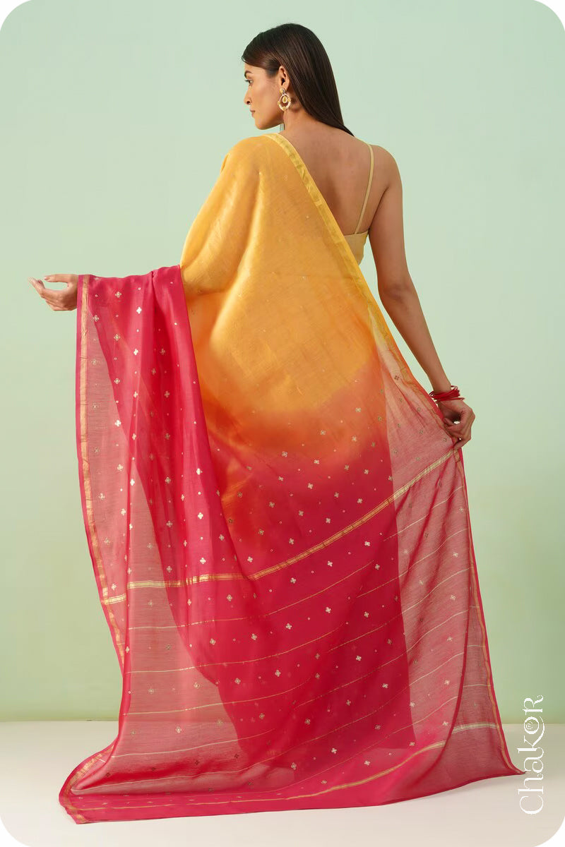 Yellow Pink Shaded Chanderi Silk Cotton Saree