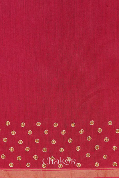 Detail of unstitched blouse piece and scattered sequin embroidery on yellow pink Chanderi silk cotton saree.
