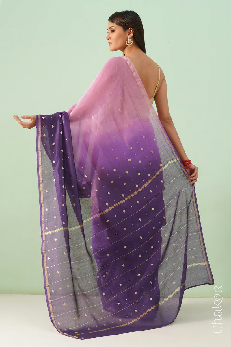 Back view of pink purple shaded Chanderi silk cotton saree displaying ombre dyeing and tissue pallu.
