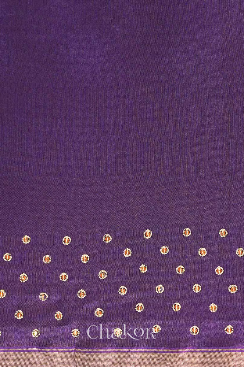 Detail of unstitched blouse piece and scattered sequin embroidery on pink purple Chanderi silk cotton saree.
