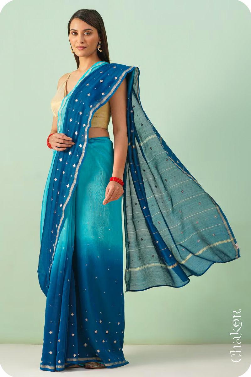 Turquoise Navy Shaded Chanderi Silk Cotton Saree