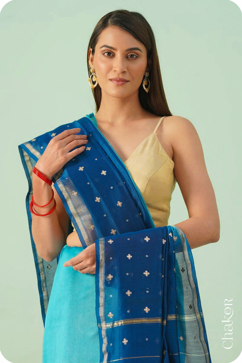 Turquoise Navy Shaded Chanderi Silk Cotton Saree